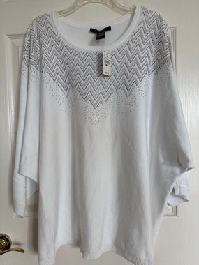 New! Ashley Stewart White Knit Dolman Sleeve Top Zigzag Stud Detail, Size 26